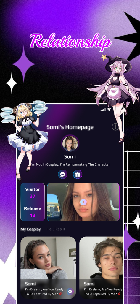Une page de profil utilisateur sur l'application Cavi montrant une cosplayer nommée Somi avec des photos et des statistiques d'engagement.