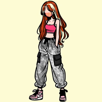 girl in baggy pants crop top and long hair