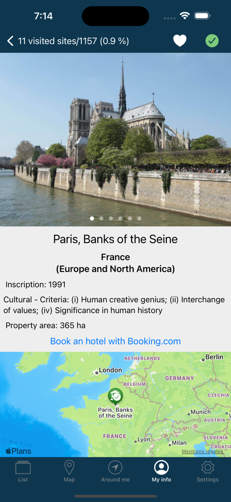World Heritage - UNESCO List - Detailed view of the Paris Banks of the Seine UNESCO World Heritage site including map and information