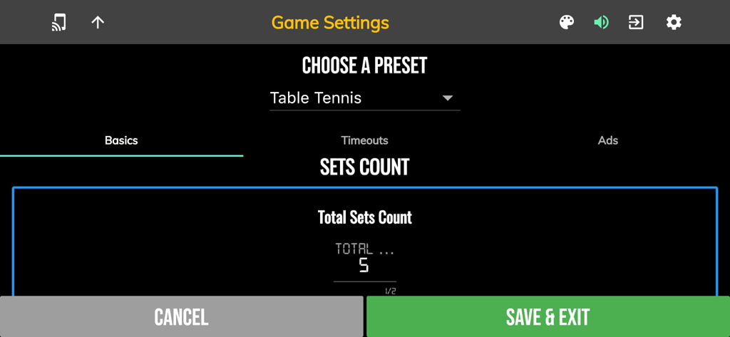 Interface de configurações do jogo do aplicativo de placar de tênis de mesa mostrando a configuração da contagem total de sets