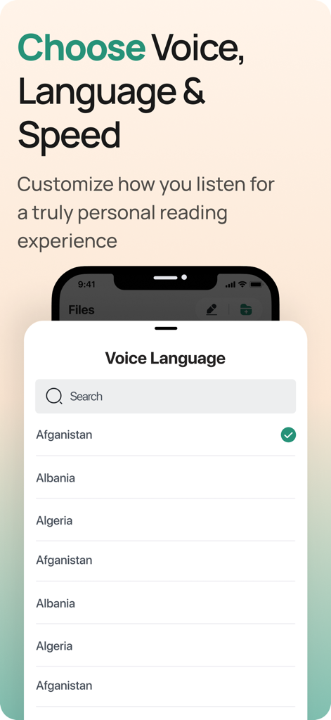 Macwhisper - Text To Speech - Macwhisper app interface showing the voice language selection menu with a list of countries and a search bar.
