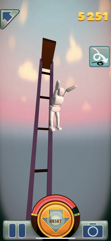 Stair Dismount® - A white ragdoll character falling from a tall structure against a sunset sky in the Stair Dismount game.