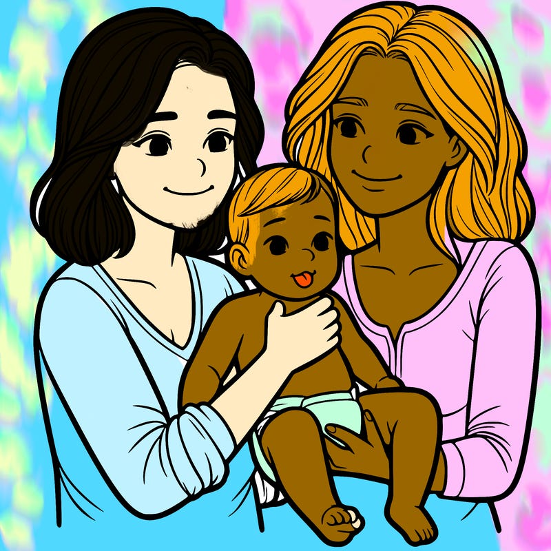 two realistic women holding one baby together