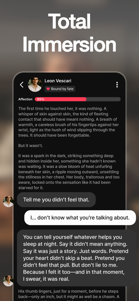 dotdotdot Fantasy AI Boyfriend - A screenshot of the dotdotdot Fantasy AI Boyfriend app showing an immersive romantic chat interface with character Leon Vescari and an affection meter.