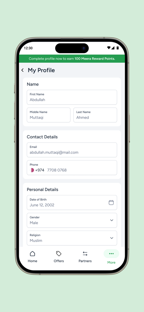 Meera Rewards - Meera Rewards app user profile screen displaying personal and contact information fields