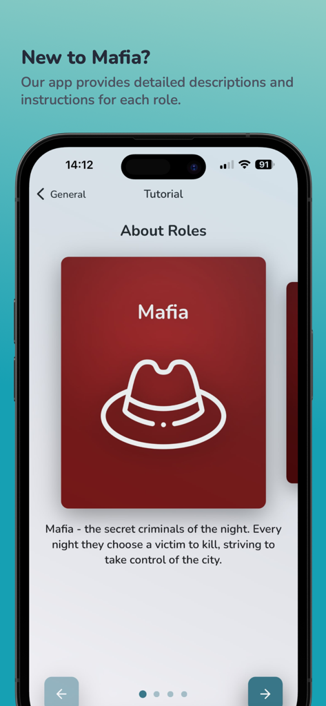 Mafia - Role game - Ein mobiler App-Bildschirm, der das Tutorial und die Beschreibung für die Mafia-Rolle zeigt