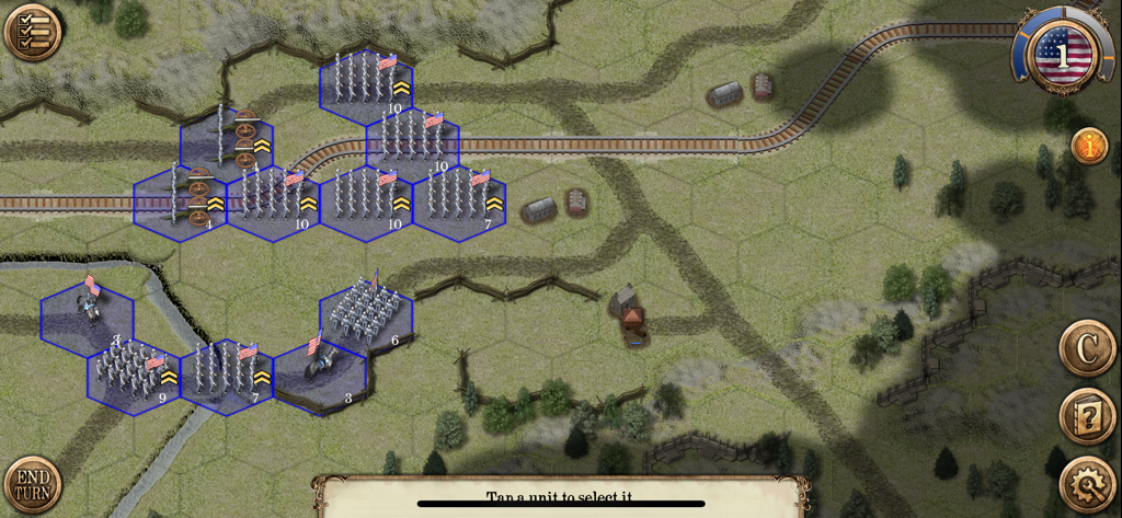 Civil War: Atlanta 1864 - Tactical hex-based strategy map showing Union army units and railroad tracks in the Civil War Atlanta 1864 mobile game.