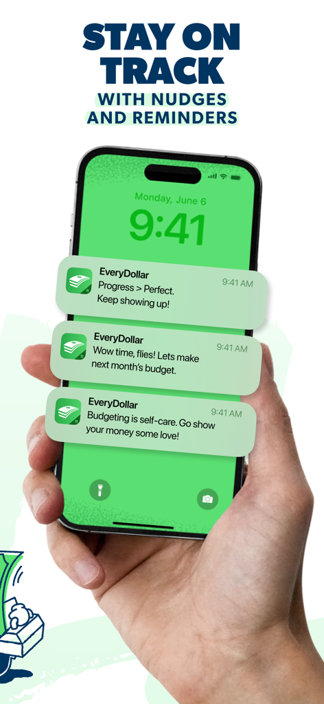 Una mano sosteniendo un smartphone que muestra notificaciones de la aplicación EveryDollar con recordatorios de presupuesto motivacional en la pantalla de bloqueo.