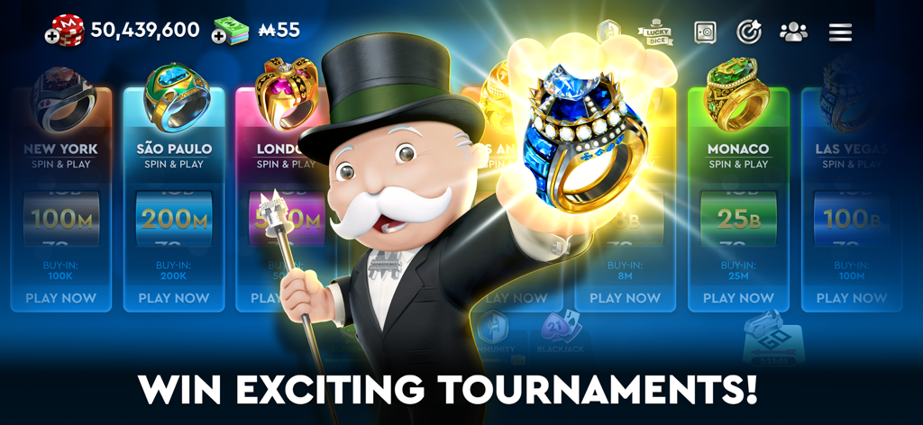 MONOPOLY Poker - Texas Holdem - Mr. Monopoly holding a large glowing diamond ring in front of several city-themed poker tournament cards.