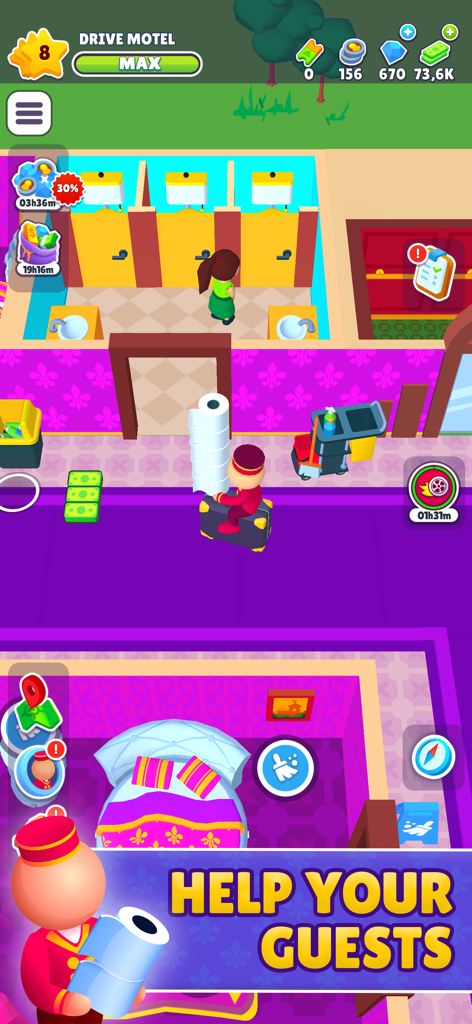 My Perfect Hotel - Un personaje cargando una gran pila de rollos de papel higiénico en un juego de gestión hotelera.