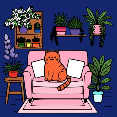 cat on a sofa in a room full of plants