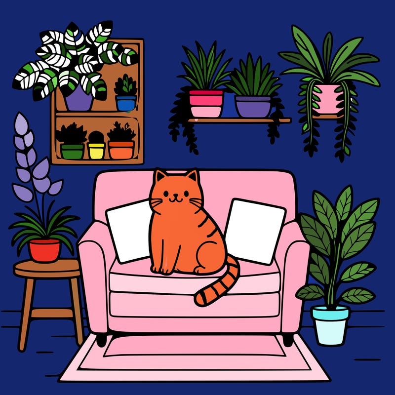 cat on a sofa in a room full of plants