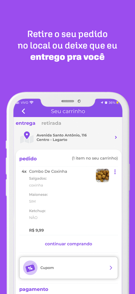 Quero Delivery - Quero Delivery app shopping cart screen displaying a coxinha order