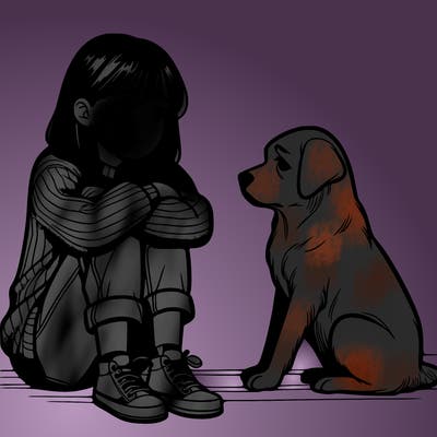 sad realistic girl looking at sitting dog