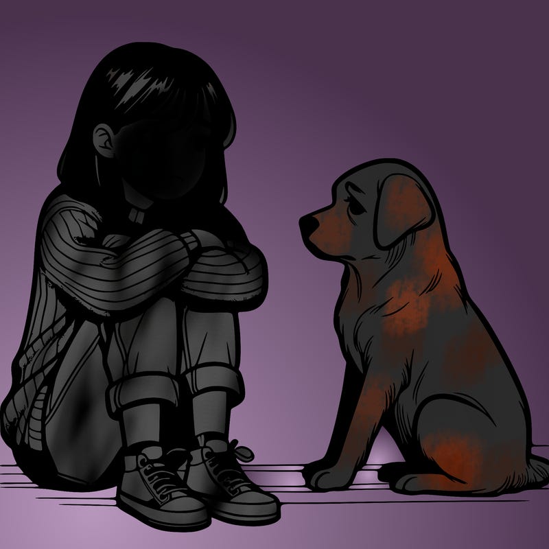 sad realistic girl looking at sitting dog