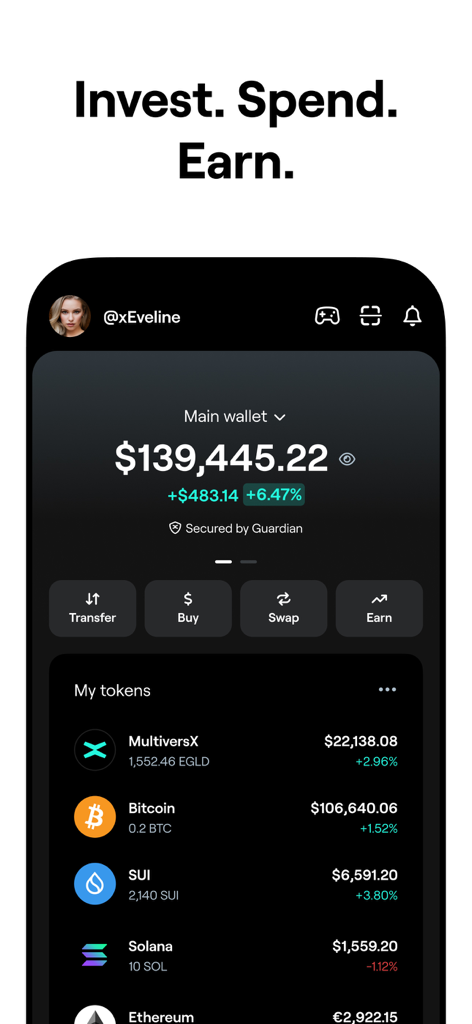 xPortal crypto wallet mobile interface showing portfolio balance and token list including Bitcoin and MultiversX