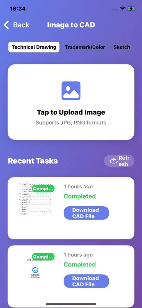 Image&PDF to CAD-CAD Converter - 技術図面のアップロードオプションと最近完了したCAD変換のリストを表示するユーザーインターフェース。