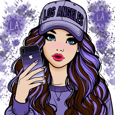 realistic beautiful girl wearing los ángeles cap holding an iphone