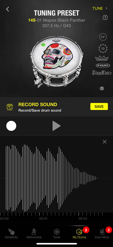 Drumtune PRO | Drum Tuner - Drumtune PRO app interface showing a tuning preset for a Mapex Black Panther snare drum with a recorded sound waveform