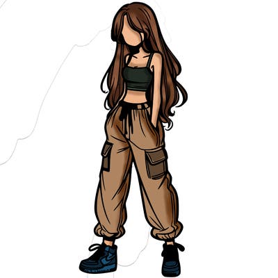 girl in baggy pants crop top and long hair