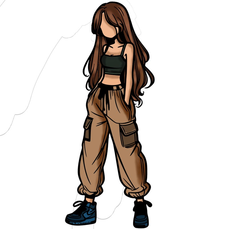 girl in baggy pants crop top and long hair