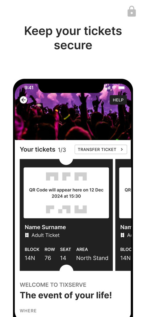 RugbyAU Tickets - 譲渡オプションと座席詳細が表示されたラグビーの試合の安全なデジタルチケットを示すモバイルアプリ画面。