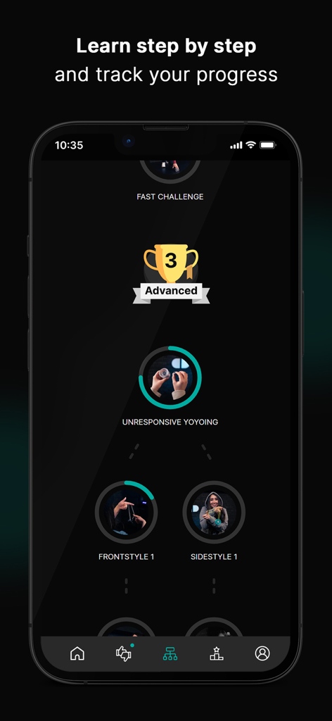 Skill Addicts – Play & Learn - Smartphone screen showing the Skill Addicts app gamified learning path and progress tracking for yoyo tricks