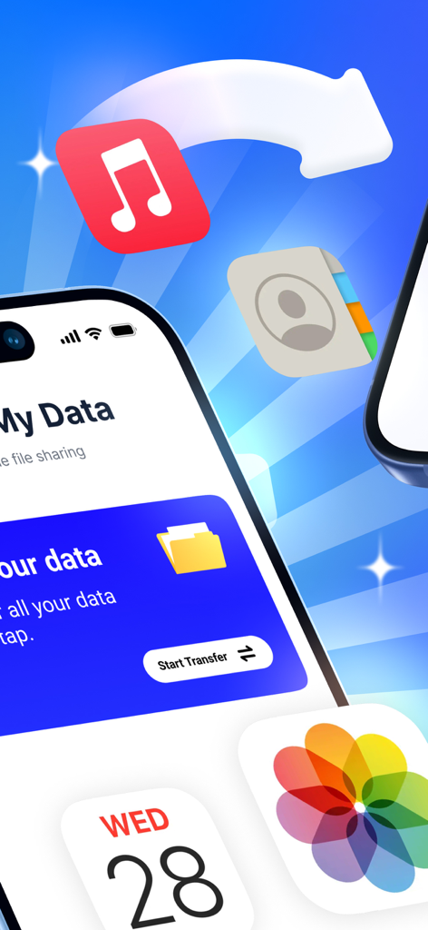 Screenshot of Copy My Data app interface featuring a Start Transfer button and data icons