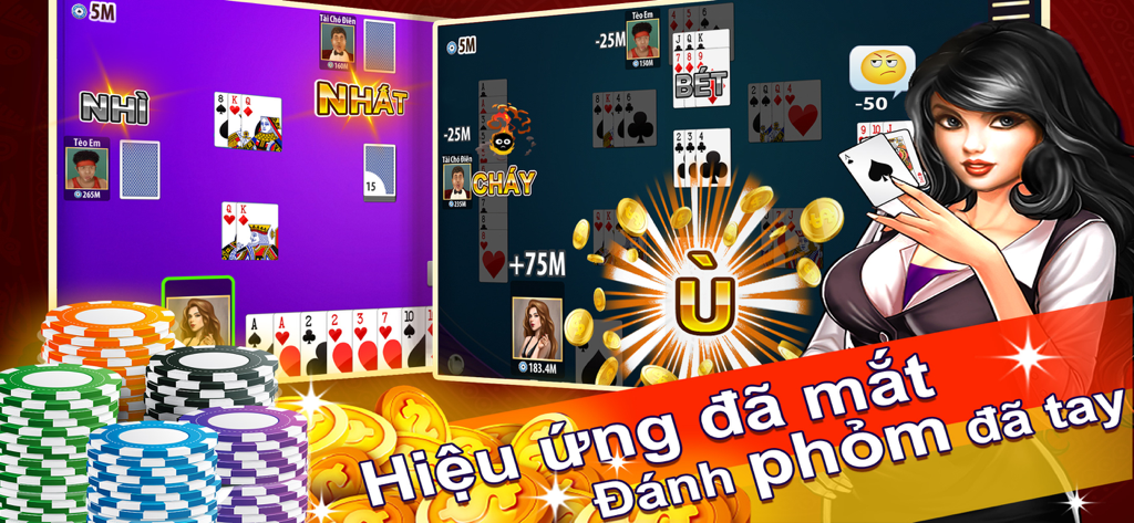Mobile gameplay interface of Phom Ta La card game showing a woman holding cards next to stacks of poker chips and coins