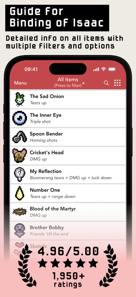 Guide+ for Binding of Isaac - Interface of the Guide for Binding of Isaac app displaying a list of game items and their effects