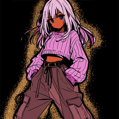 anime teen girl with baggy pants and crop top with sweater