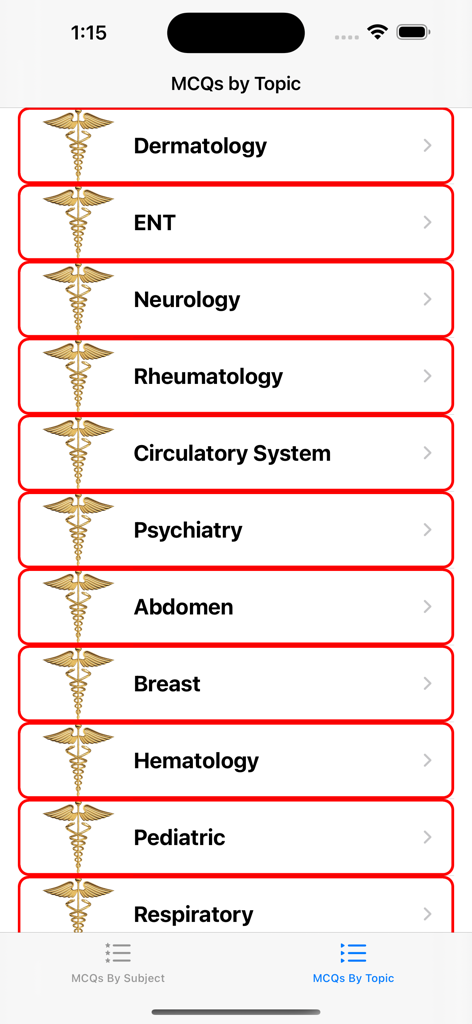 AMC Question Bank - A list of medical topics for practice questions in the AMC Question Bank app including Dermatology Neurology and Pediatrics