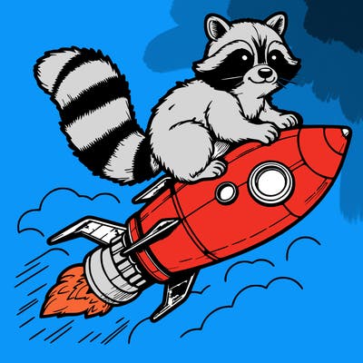 realistic raccoon flying on top rocket ship