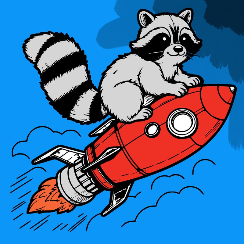 realistic raccoon flying on top rocket ship