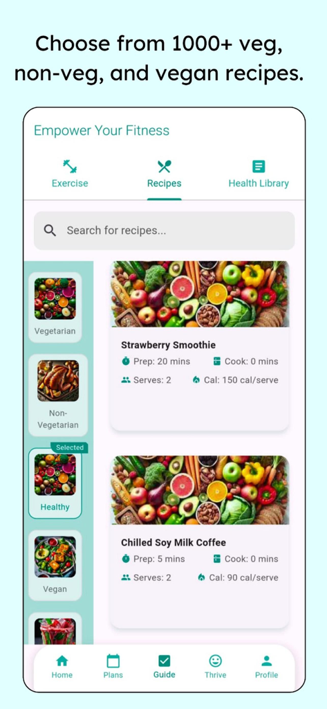 Healthyhold - Tela do aplicativo HealthyHold exibindo várias receitas saudáveis e categorias dietéticas como vegana e vegetariana
