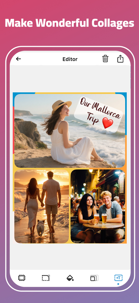 Collage Maker - AI Polaroid - Mobile app interface for creating a travel photo collage with sunset and beach images.