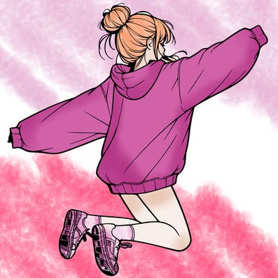 realistic girl jumping with a bun and oversized sweatshirt