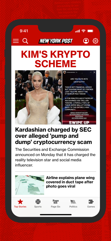 New York Post for iPhone - New York Post iPhone app interface showing the Top Stories tab with a headline about Kim Kardashian and a cryptocurrency scam.