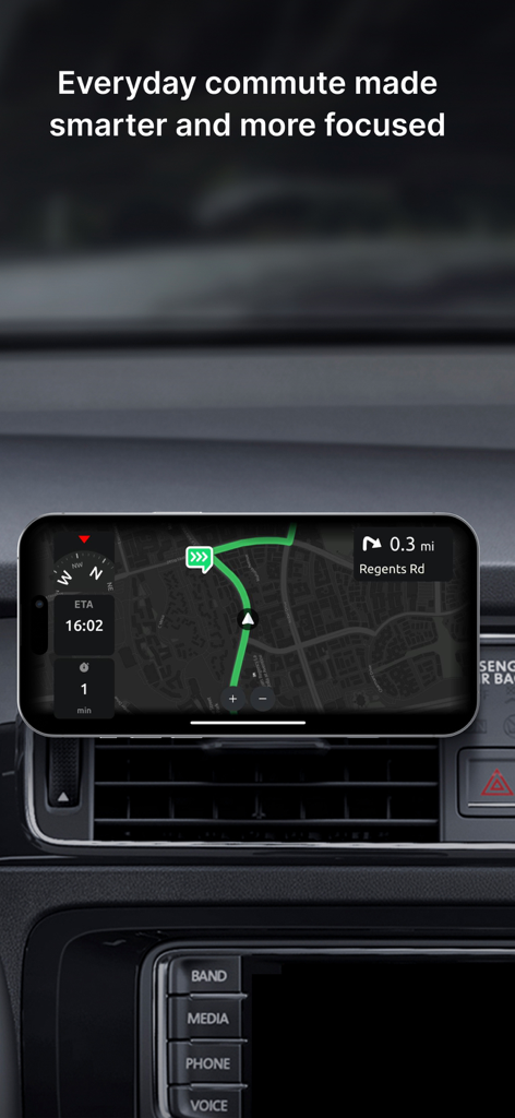 Hudway Go: Navigation with HUD - Hudway Go navigation app interface on a smartphone mounted on a car dashboard