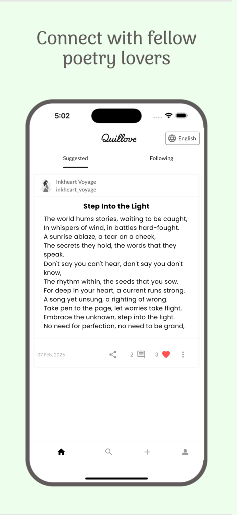 Quillove -write quotes, poems - Quillove app interface showing a poetry post in the suggested feed