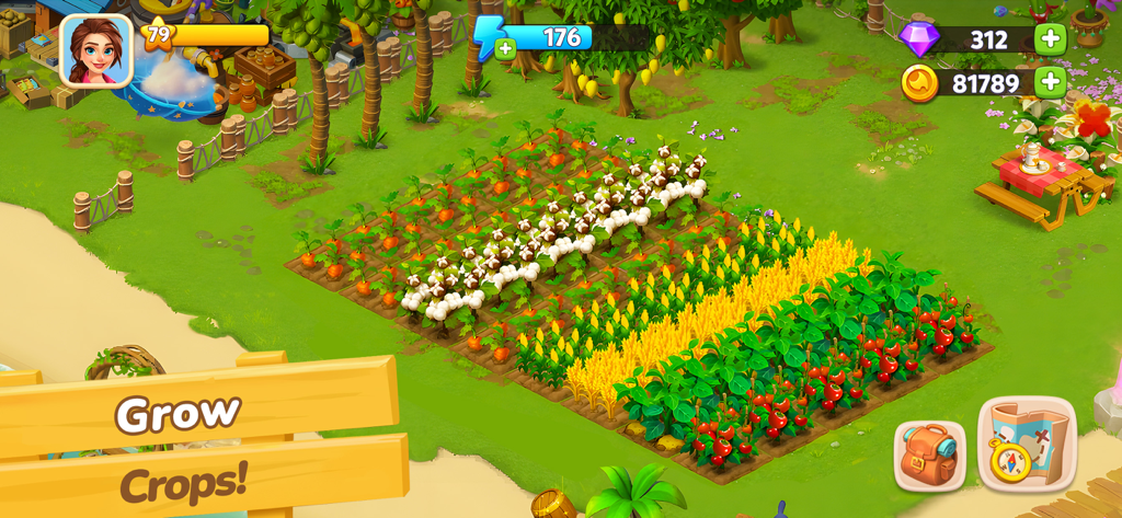 Gameplay screenshot of Dragonscapes Adventure showing various crops growing on a tropical island farm