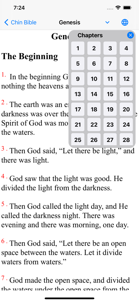 Chin Bible mobile app displaying the book of Genesis with a chapter selection overlay.