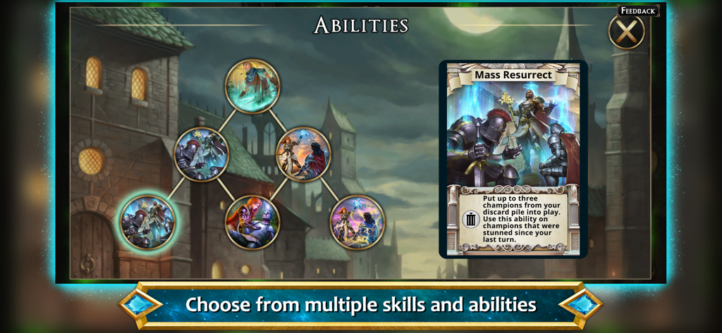 Hero Realms character abilities screen showing a branching skill tree and a Mass Resurrect card description.