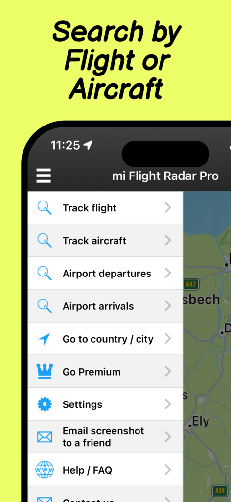 Flight Radar Pro Plane Tracker - Main menu of mi Flight Radar Pro app with search options for flights and aircraft