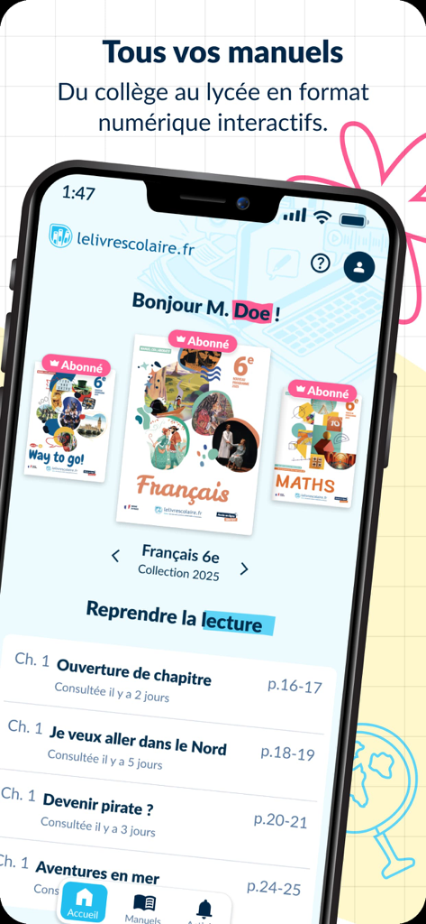 Lelivrescolaire.fr - Écran d'accueil de l'application Lelivrescolaire.fr montrant les manuels numériques et une section de reprise de lecture pour les étudiants.