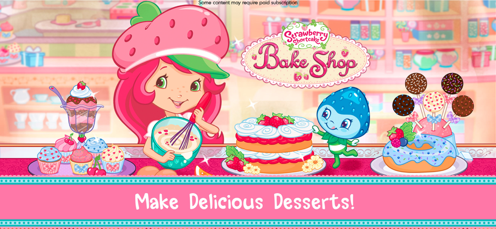 Strawberry Shortcake Bake Shop - Personaggio di Strawberry Shortcake che mescola ingredienti accanto a torte colorate, ciambelle e cupcake in una pasticceria