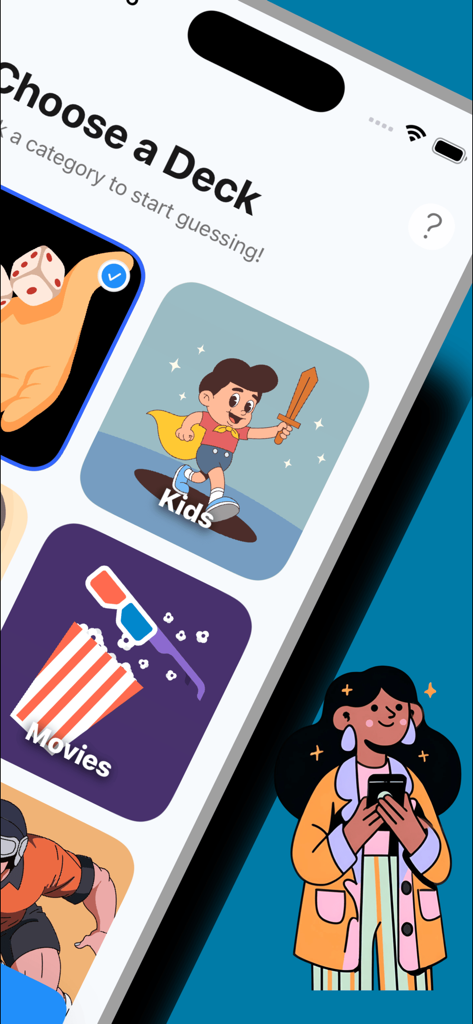 Charades Game - Guess Word - Interfaz de la aplicación Charades mostrando la selección de categorías con mazos para niños y películas