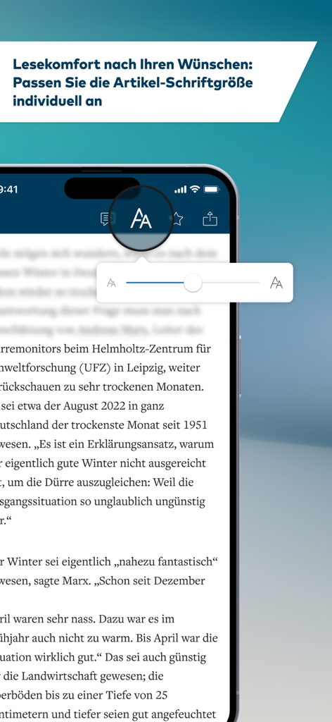 Interfaz de la aplicación WELT News que muestra cómo ajustar el tamaño de fuente del artículo para mayor comodidad de lectura