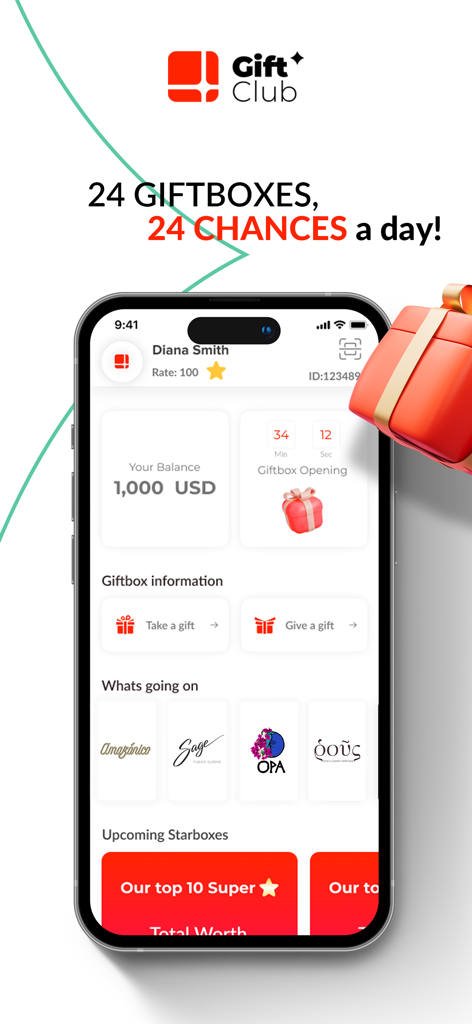 Star.Club - Panel móvil de la aplicación Star Club que muestra las recompensas de la caja de regalo y el saldo de la cuenta del usuario