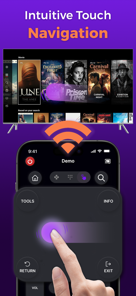 Remote TV: TV Controller - Pantalla de smartphone mostrando una interfaz de panel táctil utilizada para navegar por el menú de películas de un Smart TV a través de WiFi